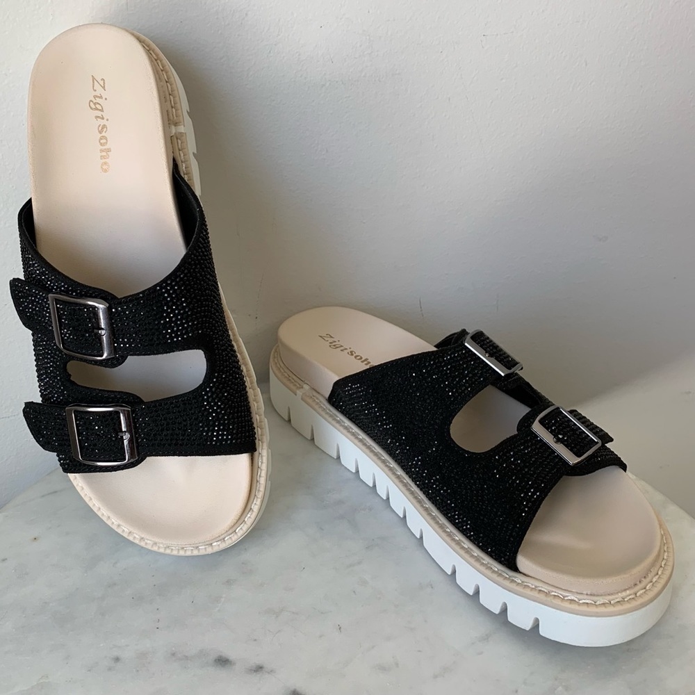 Zigi Soho Platform Black Glitter Slip On Sandals Size 9